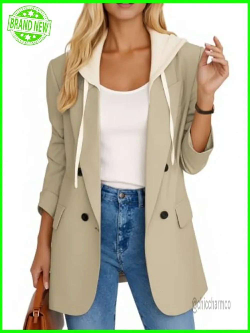 Hooded Blazer Jacket Women Oversized Long Double-Breasted Casual Full-Lined